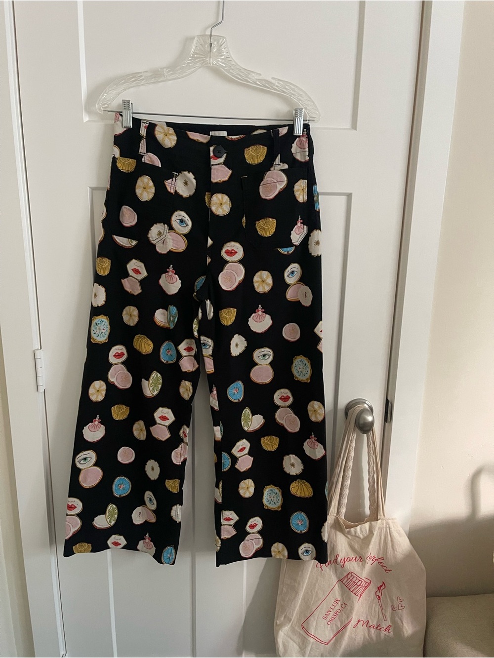 Maeve Black Wide-Leg Pants with Colorful Shell Motif